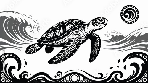 A black and white line drawing depicts a turtle swimming through waves.