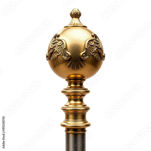 An elegant flagpole finial made of polished bronze in a classic style. The background is transparent