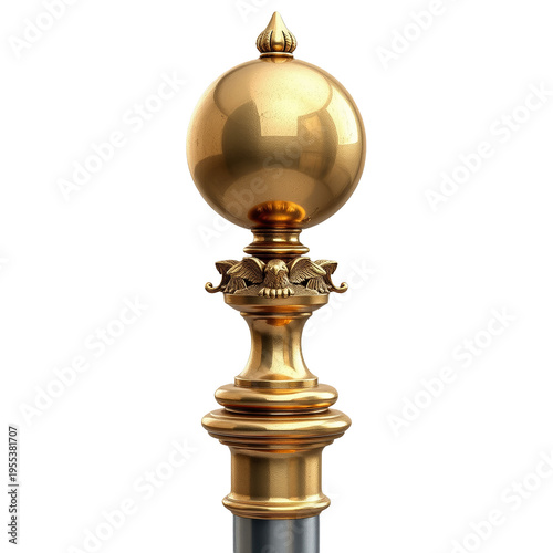 An elegant flagpole finial made of polished bronze in a classic style. The background is transparent