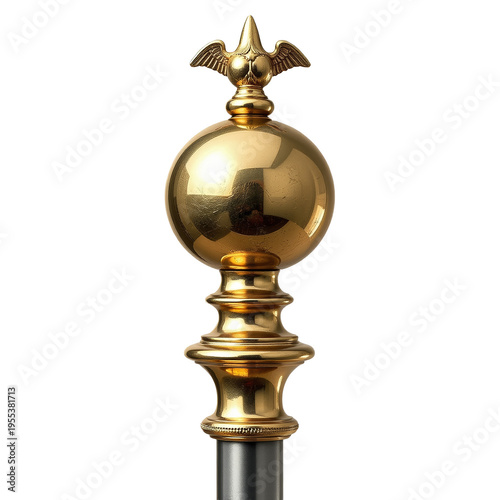 An elegant flagpole finial made of polished bronze in a classic style. The background is transparent