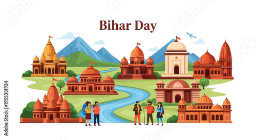 Illustration of people celebrating Bihar Day with cultural buildings and landmarks in a vibrant, scenic landscape with mountains and a river.