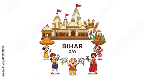 Illustration of Bihar Day celebration with traditional Indian temple, people, and cultural elements on a white background.