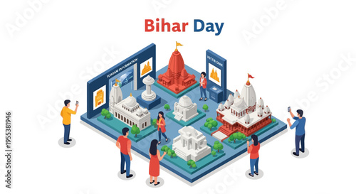 Isometric illustration of people celebrating Bihar Day with cultural exhibits and monuments on display in a vibrant setting.