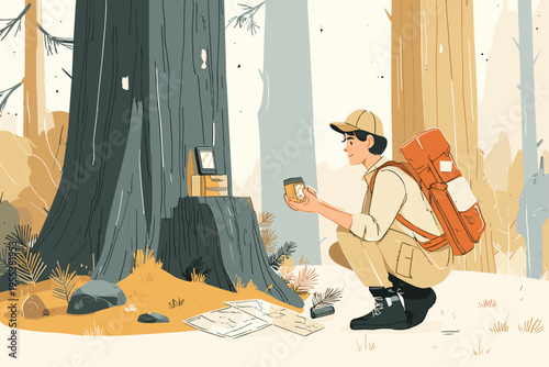 Hiker Finding a Hidden Geocache Container