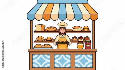 This colorful bakery scene showcases a cheerful baker presenting an array of freshly baked items at a delightful stand, inviting customers to indulge in homemade treats and desserts.