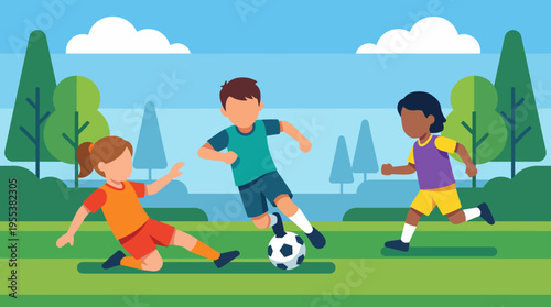 This lively illustration features children playing soccer on a vibrant green field under a bright blue sky, capturing the joy of teamwork, athleticism, and outdoor fun among friends.