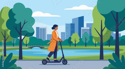 A woman riding an electric scooter in a lush park, blending urban mobility with a green lifestyle, showcasing the convenience and joy of eco-friendly transportation options.