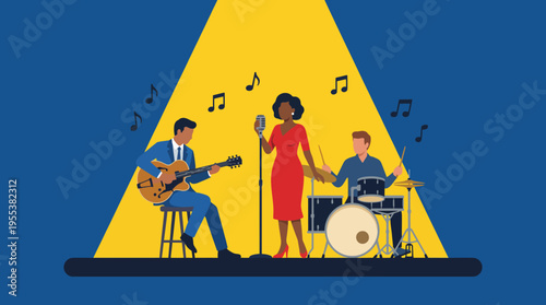 This vibrant illustration captures a live jazz performance featuring a singer and musicians, showcasing their passion and creativity under bright stage lights.