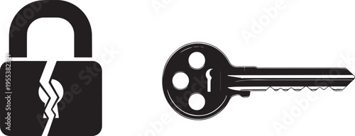 Broken padlock and key graphic