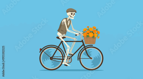 This whimsical illustration portrays a skeleton riding a bicycle while carrying a basket of flowers, blending humor and creativity with an unexpected twist.