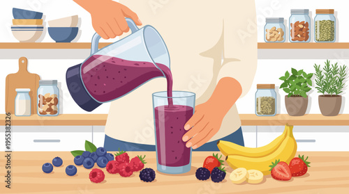 This colorful illustration showcases a person pouring a smoothie into a glass, highlighting the healthy ingredients and the art of preparing nutritious beverages.