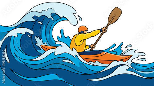 This bold illustration captures a kayaker skillfully navigating turbulent waves, embodying the spirit of adventure and excitement in an outdoor setting.
