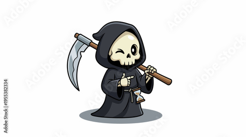 This image features a playful cartoon grim reaper character, winking while holding a scythe, adding a humorous twist to the traditional symbol of death and mortality.