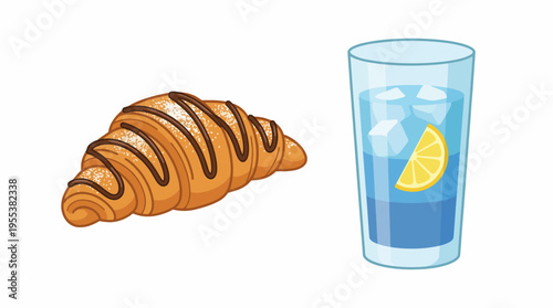 An appetizing image of a delicious croissant next to a refreshing drink, beautifully displayed to evoke feelings of breakfast delight and culinary pleasure.