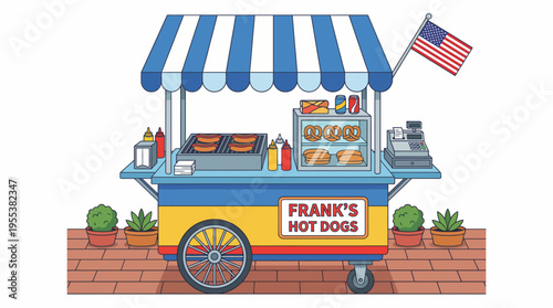 This vibrant image of a classic hot dog stand adorned with the American flag captures the essence of street food culture and the joyful experience of outdoor dining.