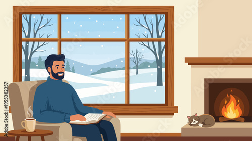 A serene indoor setting featuring a man reading a book by a warm fireplace, conveying relaxation and comfort during a snowy day, perfect for a winter relaxation theme.