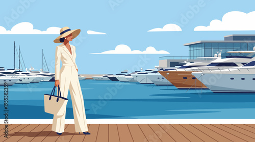 A fashionable woman in a white outfit stands by the marina, showcasing luxury yachts and a stunning waterfront view under a clear blue sky, evoking sophistication and leisure.