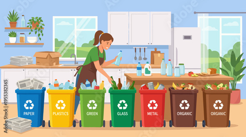 A woman sorts recyclable materials in a bright kitchen, promoting eco-friendly practices with colorful bins, emphasizing sustainability and responsibility towards our environment.