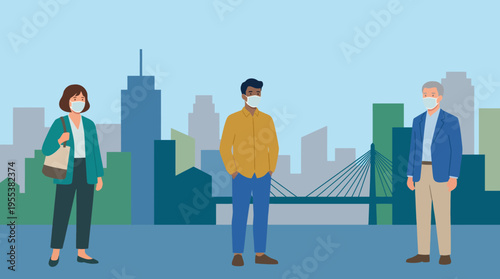 Three individuals wearing protective masks stand in an urban setting, highlighting the importance of health and safety in contemporary society amid ongoing health concerns and living in cities.