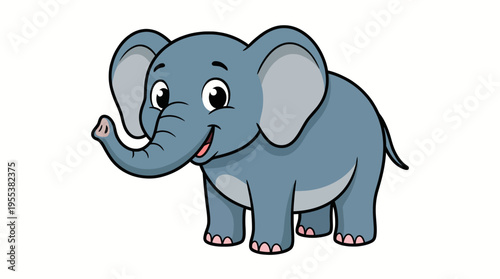 A cute, cartoon-style elephant smiles playfully, perfect for children's illustrations, embodying joy and innocence while being colorful and appealing in a fun artistic style for kids.