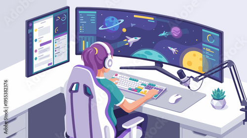 A focused gamer sitting at a modern desk with dual screens, enjoying a space-themed gaming experience while wearing headphones and using a microphone for streaming.