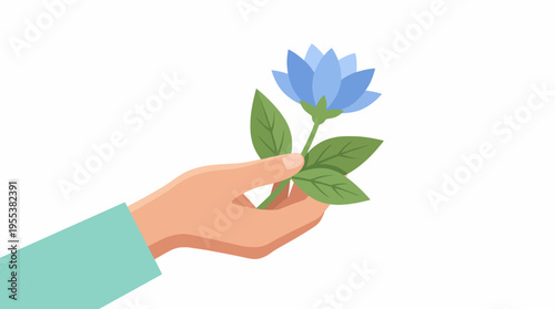 A gentle hand offering a beautifully illustrated blue flower with green leaves, symbolizing care, affection, and the beauty of nature in a minimalist design.