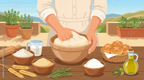 A dedicated baker kneading dough in a wooden bowl, with fresh ingredients and herbs surrounding the workspace, emphasizing the art of bread-making in a rustic kitchen setting.