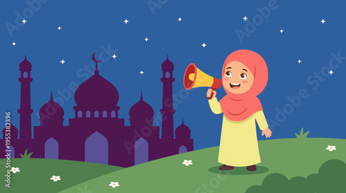 A joyful child in traditional attire with a megaphone stands against a starry night backdrop, announcing a celebration in front of an iconic mosque silhouette symbolizing community.