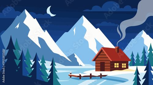 A charming cabin nestled in a snowy landscape, surrounded by towering mountains, pine trees, and a serene winter night sky, creating a cozy and peaceful atmosphere.