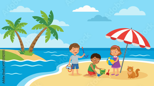 Three children enjoying a sunny day at the beach playing with toys, building sandcastles, and having fun under an umbrella surrounded by palm trees and the ocean.