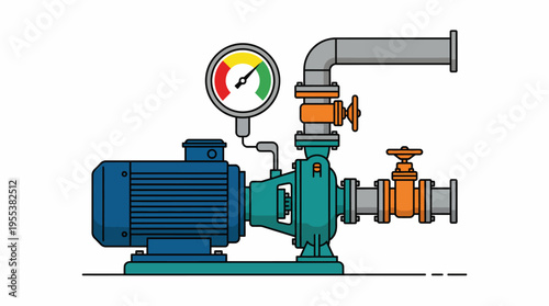 This image showcases a colorful illustration of an industrial pump system, featuring a motor, piping, and a pressure gauge for operational monitoring.