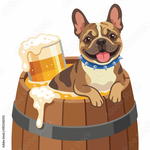 A playful dog happily lounging in a barrel filled with beer, showcasing its joy and humor in a whimsical illustration that captures the essence of fun and leisure.