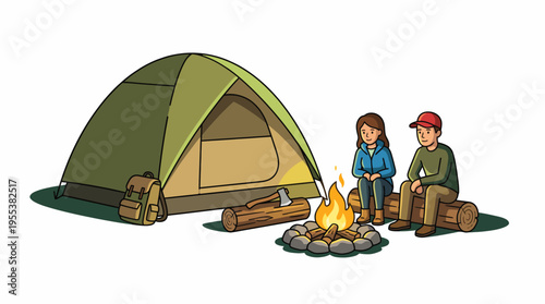 A couple sitting by a warm campfire outside their tent, enjoying a serene outdoor experience, reflecting the beauty of nature and the joy of companionship in camping.