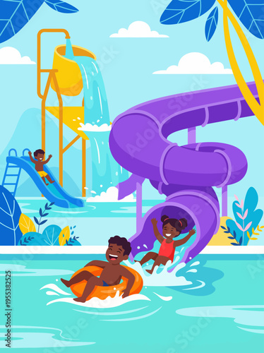 This lively illustration depicts children having fun on water slides, celebrating joy and excitement in an aquatic park filled with slides, pools, and splashes of water.