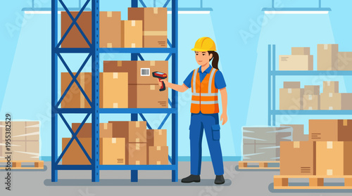 This illustration portrays a warehouse worker scanning a barcode on boxes, showcasing modern inventory management and efficiency in a bright and organized workspace.