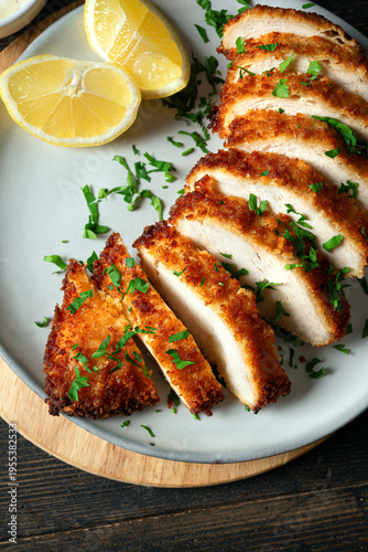 Air fryed chicken meat with herbs and lemon