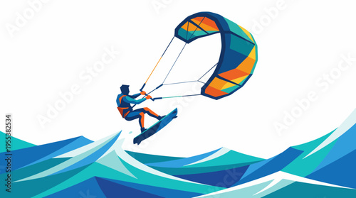 A dynamic kitesurfer gracefully rides over vibrant waves, showcasing the thrill and freedom of water sports amidst a serene ocean backdrop filled with fluid colors.