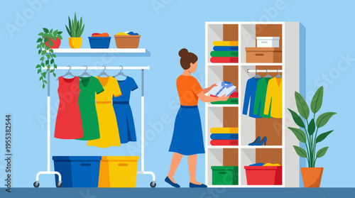 An organized closet display showcasing various colors and arrangements of clothes, promoting the idea of stylish organization and practical storage solutions for modern living.