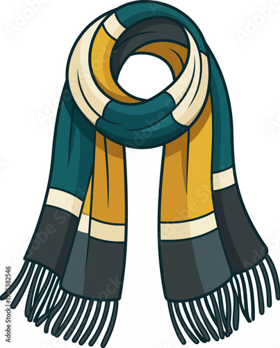 A stylish scarf lays elegantly showcasing its vibrant colors, embodying comfort and warmth, making it a perfect accessory for fashionable individuals in chilly weather.