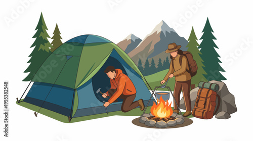 Two campers engage in outdoor activities while setting up a tent next to a warm campfire, capturing the spirit of adventure and connection with nature in a picturesque landscape.