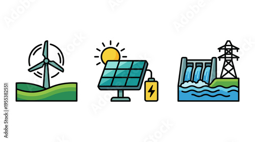 This vibrant illustration depicts various renewable energy sources including wind turbines, solar panels, and hydroelectric power, symbolizing sustainability and eco-friendliness.