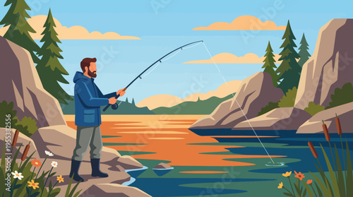 This picturesque scene features a man fishing peacefully at a lake during sunset, capturing the tranquility of nature and the leisure moments that many seek for relaxation.