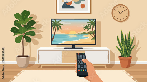 This inviting image showcases a cozy living room with a television showing a beach sunset scene, reflecting comfort, home entertainment, and modern living aesthetics.