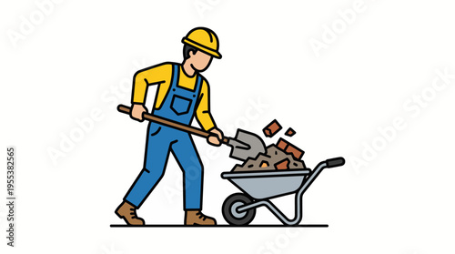A construction worker in a hard hat and overalls uses a shovel to transfer debris into a wheelbarrow, representing hard work, labor, and outdoor construction projects.