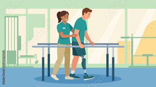 A physical therapist assists a patient with a prosthetic leg to walk using parallel bars, highlighting the importance of rehabilitation and support in overcoming disabilities.