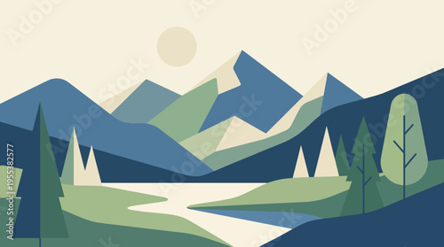 A modern abstract illustration of a serene landscape featuring mountains, a river, and trees, capturing the essence of tranquility, nature, and artistic expression.