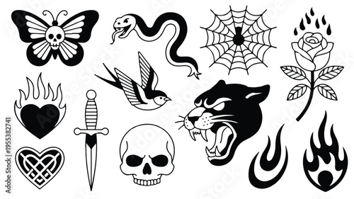 A collection of vintage-inspired tattoo designs featuring animals, skulls, and symbols on a white background.