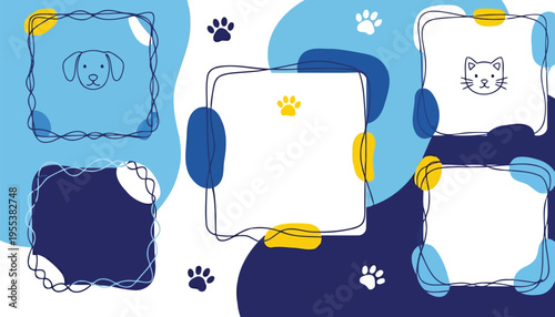 Modern abstract wavy blue backgrounds with simple puppy kitten sketches