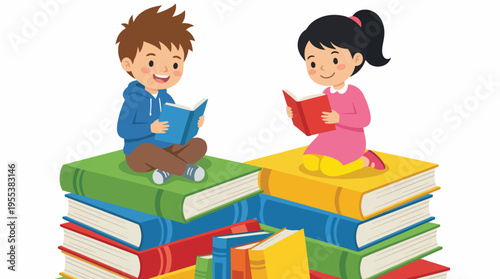 Two children sit on a colorful pile of books, immersing themselves into their reading, showcasing the joy of learning and the importance of education and literacy for children.
