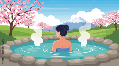 A serene view of a person enjoying a hot spring bath, surrounded by blooming cherry blossoms and lush green landscapes, offering a sense of peace and tranquility.